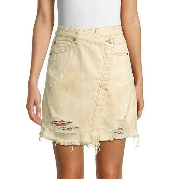 Free People We The Free Parker Destroyed Denim Wrap Skirt Size 27 - Picture 2 of 7
